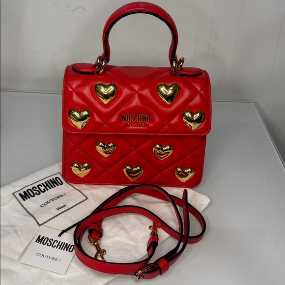 ❤️ Moschino Quilted Red Satchel w Gold Hearts ❤️with Dust bag